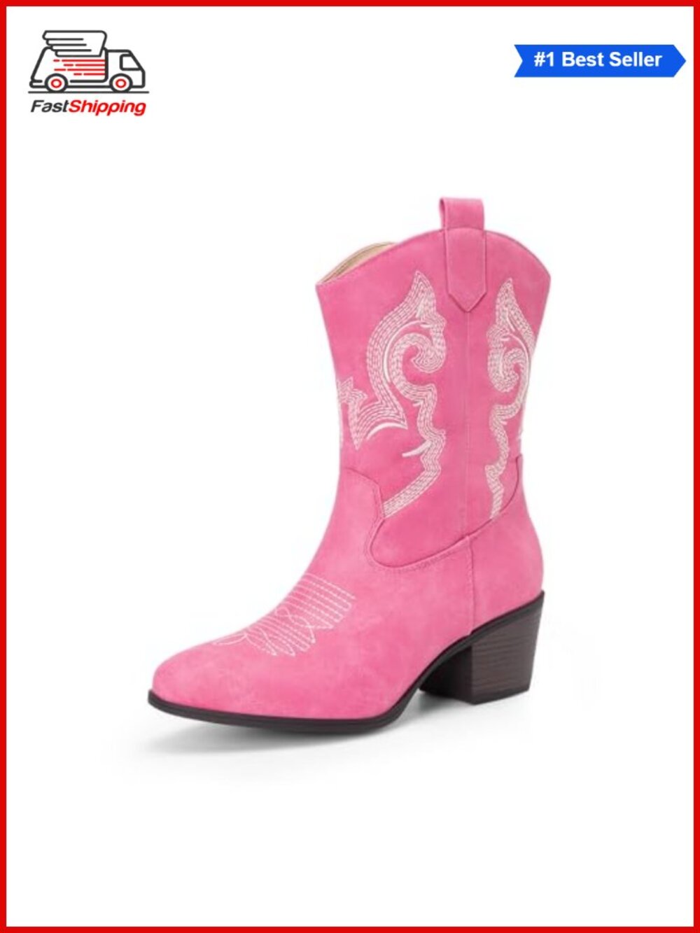 ✨ Mid Calf Western Cowboy Boots Women Faux Leather Cuban Heel Embroidered
